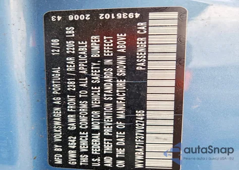 2007 Volkswagen Eos 2.0T z USA, uszkodzony, nr VIN WVWBA71F37V027465